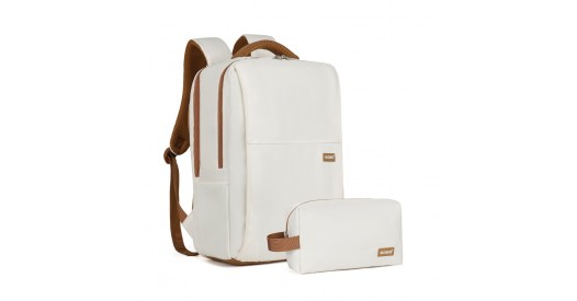 BPK2433 - Kono Water-Resistant Laptop Backpack with USB Charging Business Rucksack for Travel Commuter Features Includes Matching Pouch 2 Pc Set - Cream And Brown