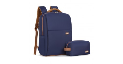 BPK2433 - Kono Water-Resistant Laptop Backpack with USB Charging Business Rucksack for Travel Commuter Features Includes Matching Pouch 2 Pc Set - Navy And Brown
