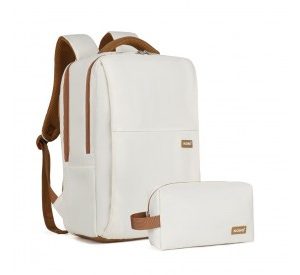 BPK2433 - Kono Water-Resistant Laptop Backpack with USB Charging Business Rucksack for Travel Commuter Features Includes Matching Pouch 2 Pc Set - Cream And Brown