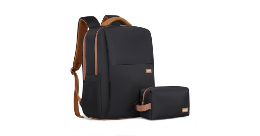 BPK2433 - Kono Water-Resistant Laptop Backpack with USB Charging Business Rucksack for Travel Commuter Features Includes Matching Pouch 2 Pc Set - Black And Brown
