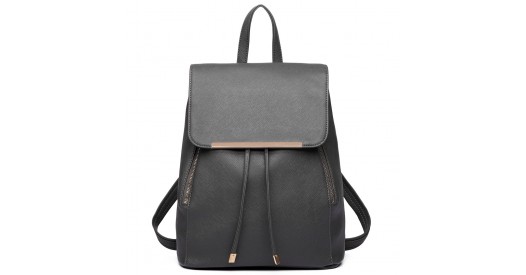 BPM2427 - Miss Lulu Stylish Faux Leather Backpack Secure Daypack with Magnetic Snap Closure Fashionable PU Leather Travel Bag - Black