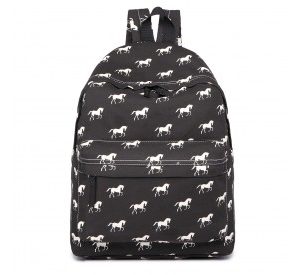 E1401H - Miss Lulu Horse-Print Cotton Canvas School Backpack - Black