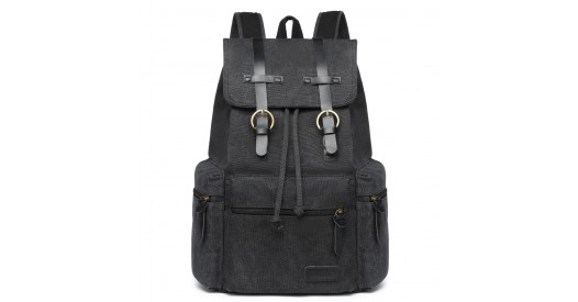 E1672 - Kono Large Multi Function Leather Details Canvas Backpack - Black