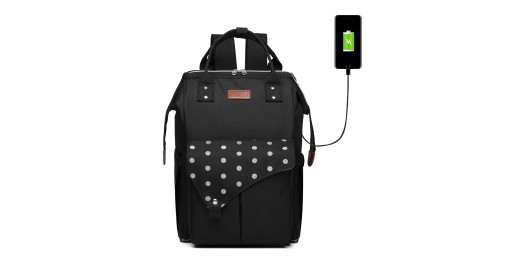 E1945 - KONO POLKA DOT MATERNITY BACKPACK BAG WITH USB CONNECTIVITY - BLACK