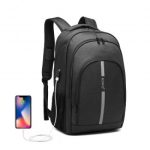 E1972 – Kono Large Backpack with Reflective Stripe and USB Charging Interface – Black