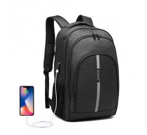E1972 - Kono Large Backpack with Reflective Stripe and USB Charging Interface - Black