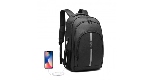 E1972 - Kono Large Backpack with Reflective Stripe and USB Charging Interface - Black