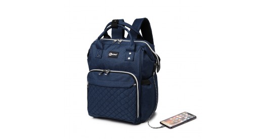 E6705USB - Kono Plain Wide Opening Baby Nappy Changing Backpack With USB Connectivity - Navy