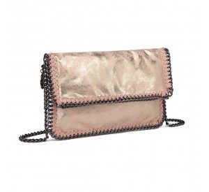 E6843 - Miss Lulu Leather Look Folded Metal Chain Clutch Shoulder Bag - Pink