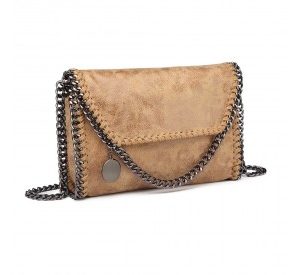 E6844 - Miss Lulu Leather Look Chain Fold-over Shoulder Bag - Apricot