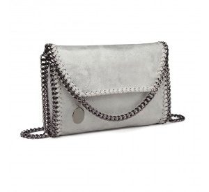 E6844 - Miss Lulu Leather Look Chain Fold-over Shoulder Bag - Grey