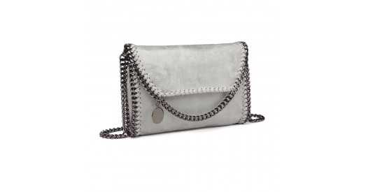 E6844 - Miss Lulu Leather Look Chain Fold-over Shoulder Bag - Grey