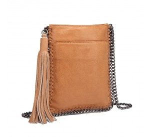 E6845 - Miss Lulu Leather Look Chain Shoulder Bag with Tassel Pendant - Brown