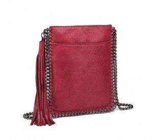 E6845 - Miss Lulu Leather Look Chain Shoulder Bag with Tassel Pendant - Burgundy