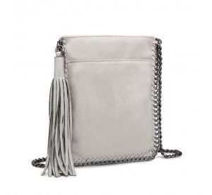 E6845 - Miss Lulu Leather Look Chain Shoulder Bag with Tassel Pendant - Grey