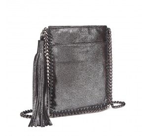 E6845 - Miss Lulu Leather Look Chain Shoulder Bag with Tassel Pendant - Silver