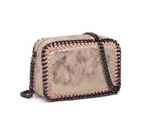 E6846 - Miss Lulu Metallic Effect Leather Look Chain Shoulder Bag - Pink