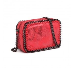 E6846 - Miss Lulu Metallic Effect Leather Look Chain Shoulder Bag - Red