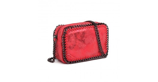 E6846 - Miss Lulu Metallic Effect Leather Look Chain Shoulder Bag - Red