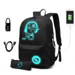E6879 – Kono Glow In The Dark Waterproof USB Charging Backpack With Pencil Case – Black