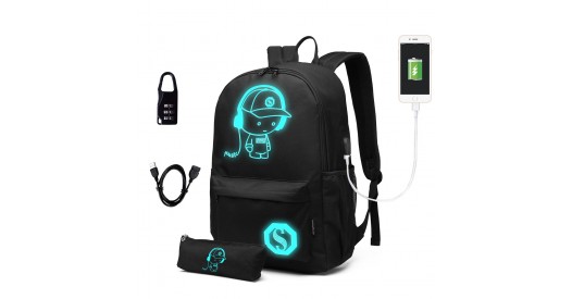E6879 - Kono Glow In The Dark Waterproof USB Charging Backpack With Pencil Case - Black