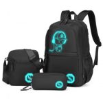 EB2363 – Kono Lightweight & Glow-in-the-Dark 3-Piece Laptop Backpack Set with Crossbody Bag and Pencil Case – Black