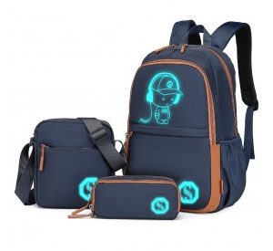 EB2363 - Kono Lightweight & Glow-in-the-Dark 3-Piece Laptop Backpack Set with Crossbody Bag and Pencil Case - Navy And Brown