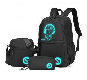 EB2363 - Kono Lightweight & Glow-in-the-Dark 3-Piece Laptop Backpack Set with Crossbody Bag and Pencil Case - Black