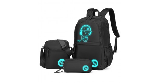 EB2363 – Kono Lightweight & Glow-in-the-Dark 3-Piece Laptop Backpack Set with Crossbody Bag and Pencil Case – Black