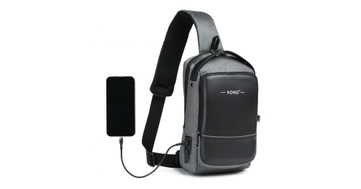 EG2403 - Kono Smart Sling Chest Bag with USB Charging Port Lightweight Single Strap Crossbody Backpack for Daily Use Ideal for Men and Women - Grey And Black