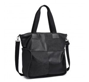 EH2221 - Kono Paneled Contrast Large Capacity Canvas Shoulder Bag - Black