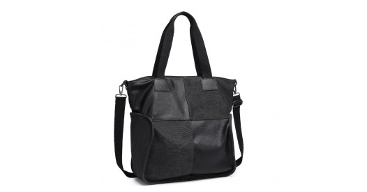 EH2221 - Kono Paneled Contrast Large Capacity Canvas Shoulder Bag - Black