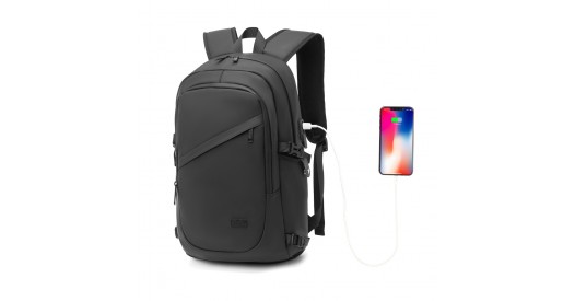 EM2349 – Kono PVC Coated Water-Resistant Tech Backpack With USB Charging Port – Black