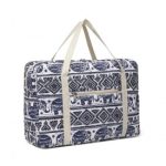 EQ2308E – Kono Foldable Waterproof Storage Cabin Travel Handbag Elephant Print – Navy And Beige