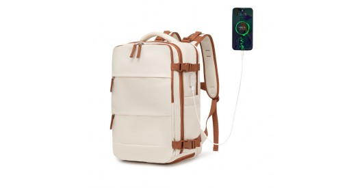 EQ2344 – Kono Multi-Functional Breathable Travel Backpack With USB Charging Port And Separate Shoe Compartment – Beige And Brown