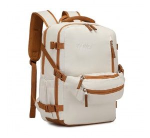 EQ2406 - Kono Ultimate Traveler's Backpack with Detachable Waist Pack and Integrated USB/Type-C Charging Ports - Beige And Brown