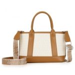 HBM2422 – Miss Lulu Elegant PVC Leather Tote Bag with Monogram Pattern Convertible Shoulder Strap Top Handle Women’s Handbag – Beige