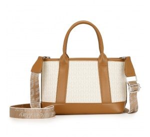 HBM2422 - Miss Lulu Elegant PVC Leather Tote Bag with Monogram Pattern Convertible Shoulder Strap Top Handle Women's Handbag - Beige