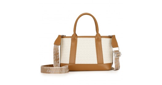 HBM2422 – Miss Lulu Elegant PVC Leather Tote Bag with Monogram Pattern Convertible Shoulder Strap Top Handle Women’s Handbag – Beige