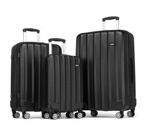 K1773-1L - Kono 19/24/28 Inch 3 Piece Set Striped ABS Hard Shell Luggage with 360-Degree Spinner Wheels - Black