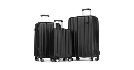 K1773-1L - Kono 19/24/28 Inch 3 Piece Set Striped ABS Hard Shell Luggage with 360-Degree Spinner Wheels - Black
