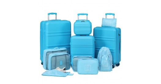 K1871-1L+E2019 - Kono ABS Suitcase Set With 4 Wheel Design Including Vanity Case And Travel Luggage Organiser Bag Set - Blue