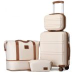 K1871-1L+EA2212 – Kono ABS 4 Wheel Suitcase Set With Vanity Case And Weekend Bag And Toiletry Bag – Dark Beige and Brown