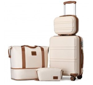 K1871-1L+EA2212 - Kono ABS 4 Wheel Suitcase Set With Vanity Case And Weekend Bag And Toiletry Bag - Dark Beige and Brown