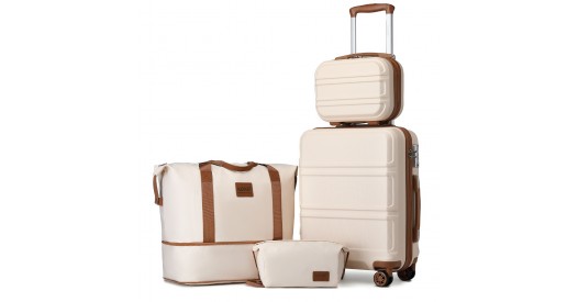 K1871-1L+EA2212 - Kono ABS 4 Wheel Suitcase Set With Vanity Case And Weekend Bag And Toiletry Bag - Dark Beige and Brown