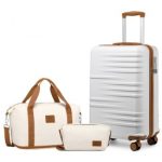 K2391L+S2366 – British Traveller 20 Inch Polycarbonate and ABS Cabin Size Suitcase 3 Piece Travel Set with Travel Tote and Cosmetic Pouch – Beige and Brown