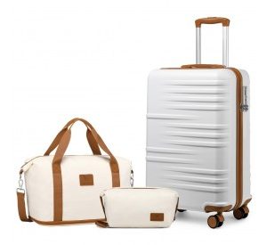 K2391L+S2366 - British Traveller 20 Inch Polycarbonate and ABS Cabin Size Suitcase 3 Piece Travel Set with Travel Tote and Cosmetic Pouch - Beige and Brown