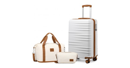 K2391L+S2366 - British Traveller 20 Inch Polycarbonate and ABS Cabin Size Suitcase 3 Piece Travel Set with Travel Tote and Cosmetic Pouch - Beige and Brown