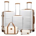 K2391L+S2366 – British Traveller 5 Piece Polypropylene and ABS Hard Shell Suitcase Set with Travel Tote and Cosmetic Pouch – Beige and Brown