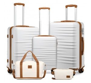 K2391L+S2366 - British Traveller 5 Piece Polypropylene and ABS Hard Shell Suitcase Set with Travel Tote and Cosmetic Pouch - Beige and Brown